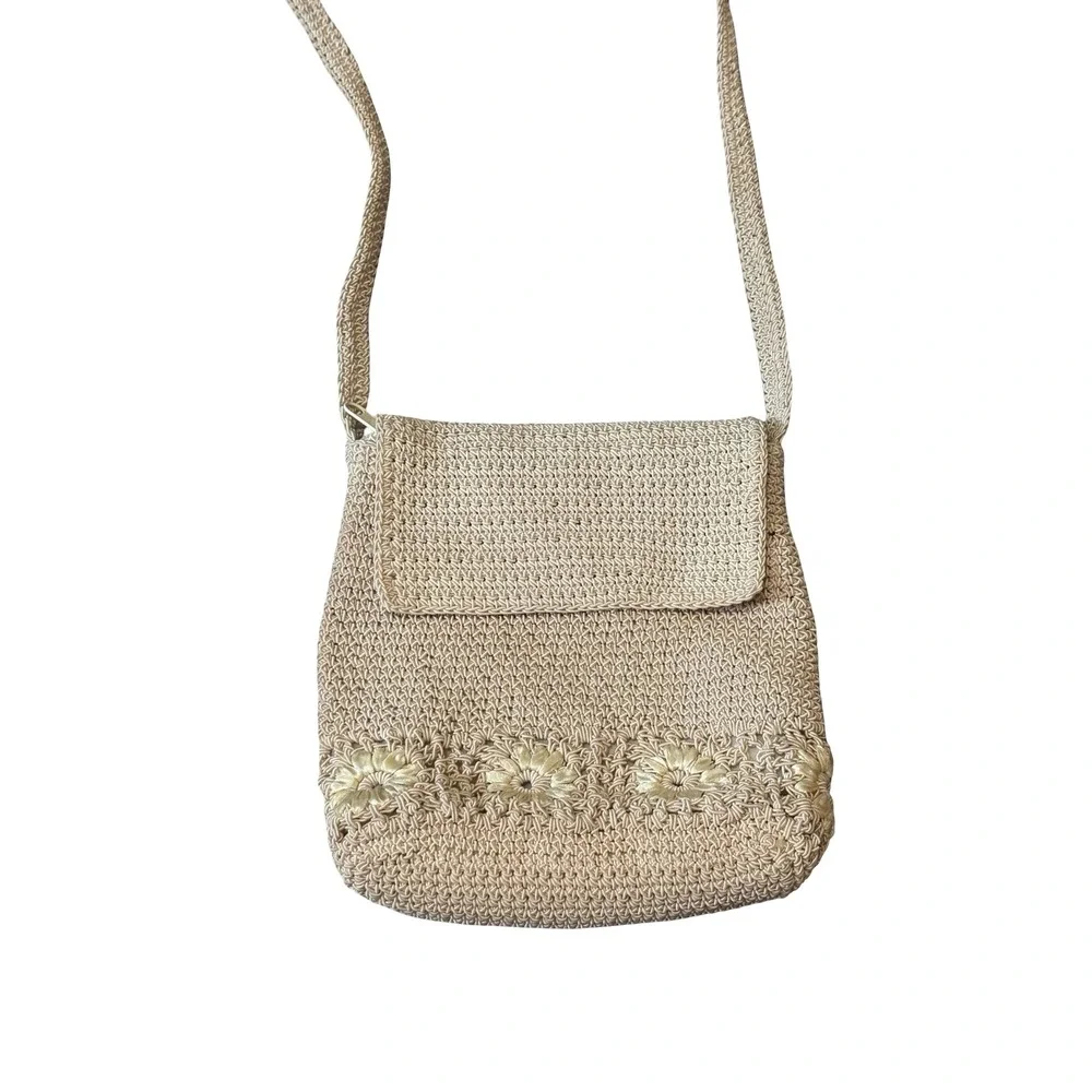Frankie & Johnnie Crochet Crossbody Bag Tan Beige Floral Embroidered Small Woven